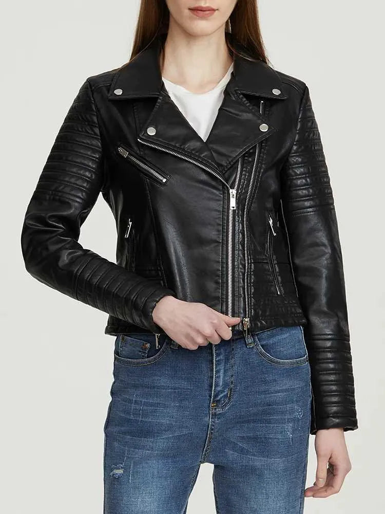 Black Leather Women's Jacket with Zip Pockets