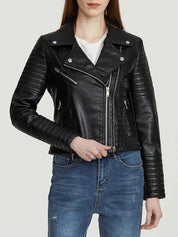 Black Leather Women's Jacket with Zip Pockets
