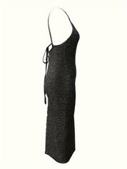 Bodycon Glitter Midi Cocktail Dress for Women with Open Back and Slit
