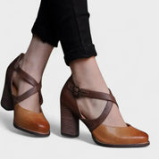 Brown Women's Pumps With Crossed Straps And Block Heel