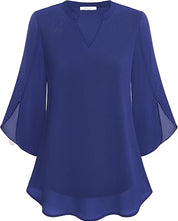 Airy Loose-Fitting Blouse for Women with Split Neck and Three-Quarter Sleeves