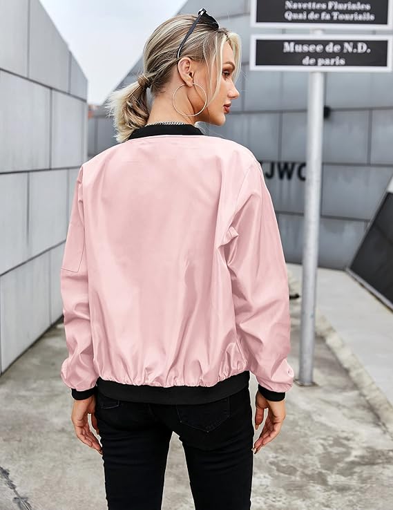 Women's Bomber Jacket with Zipper, Sleeve Pocket, and Ribbed Cuffs