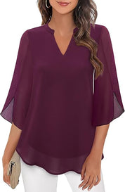 Elegant Women's Blouse with 3/4 Butterfly Sleeves and V-Neck