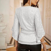 Festive Glitter Sequin Women's Blouse with V-Neck