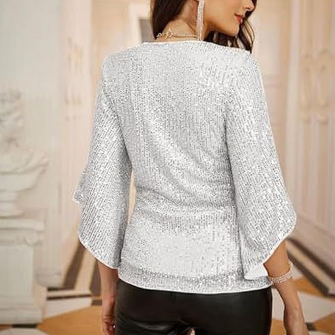 Festive Glitter Sequin Women's Blouse with V-Neck