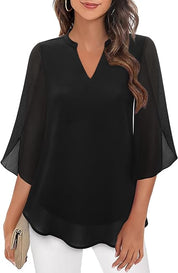 Elegant Women's Blouse with 3/4 Butterfly Sleeves and V-Neck