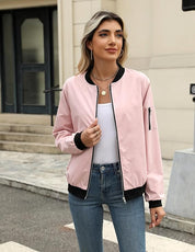 Women's Bomber Jacket with Zipper, Sleeve Pocket, and Ribbed Cuffs