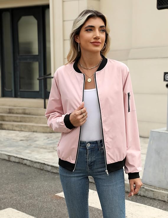 Women's Bomber Jacket with Zipper, Sleeve Pocket, and Ribbed Cuffs
