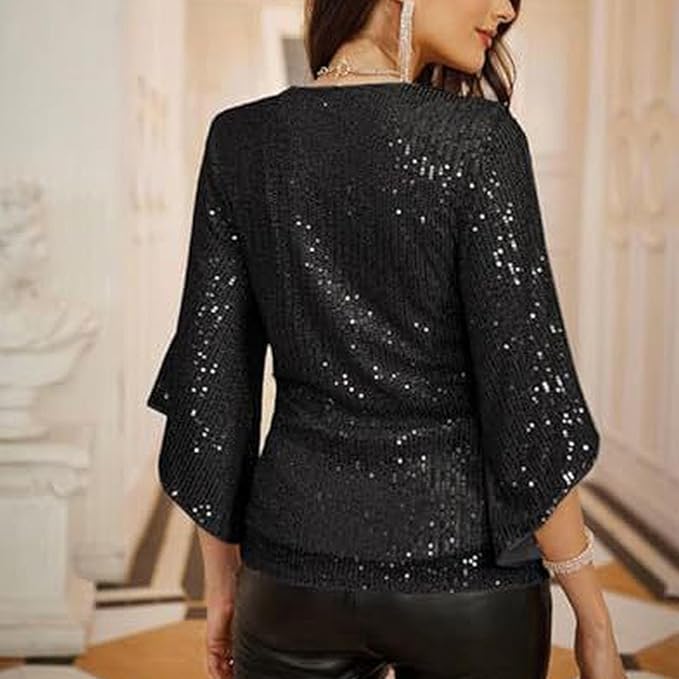 Festive Glitter Sequin Women's Blouse with V-Neck