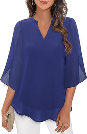 Elegant Women's Blouse with 3/4 Butterfly Sleeves and V-Neck