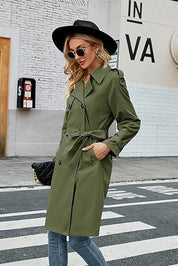 Elegant Women's Midi Double-Breasted Trench Coat with Belt