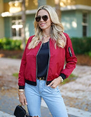 Women's Bomber Jacket with Zipper, Sleeve Pocket, and Ribbed Cuffs
