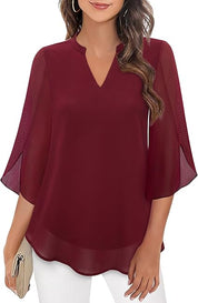 Elegant Women's Blouse with 3/4 Butterfly Sleeves and V-Neck