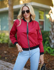 Women's Bomber Jacket with Zipper, Sleeve Pocket, and Ribbed Cuffs