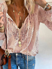Unique Blouse with Lace Details for Women with V-Neck and Tie Closure