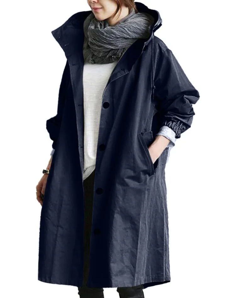 Waterproof Long Women's Trench Coat with Hood and Buttons