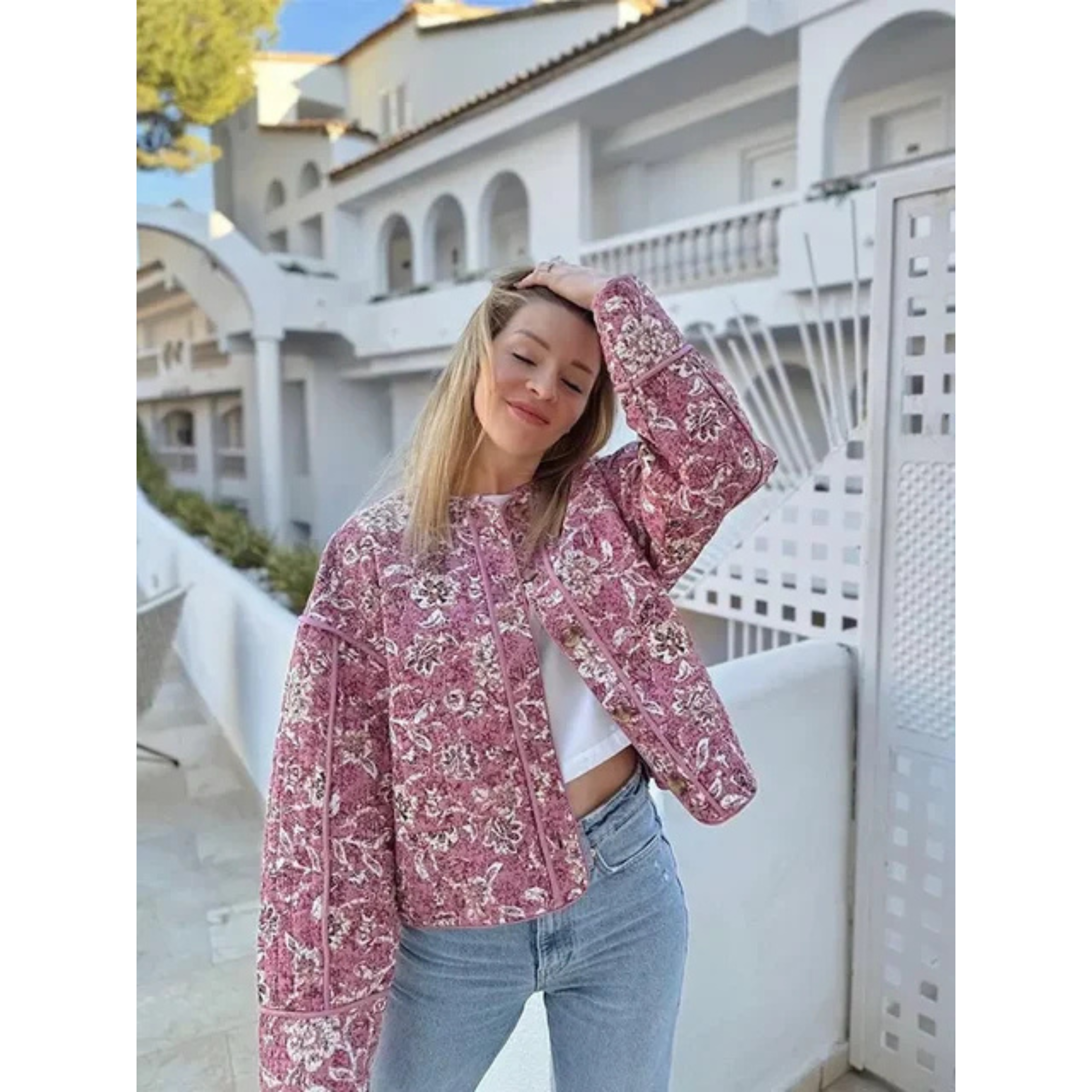 Pink Quilted Jacket with Floral Print and Short Fit