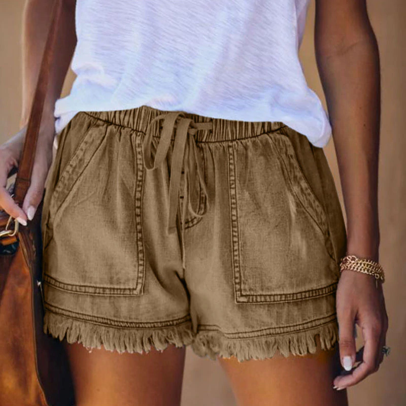Women's Denim Shorts with Drawstring and Frayed Hem