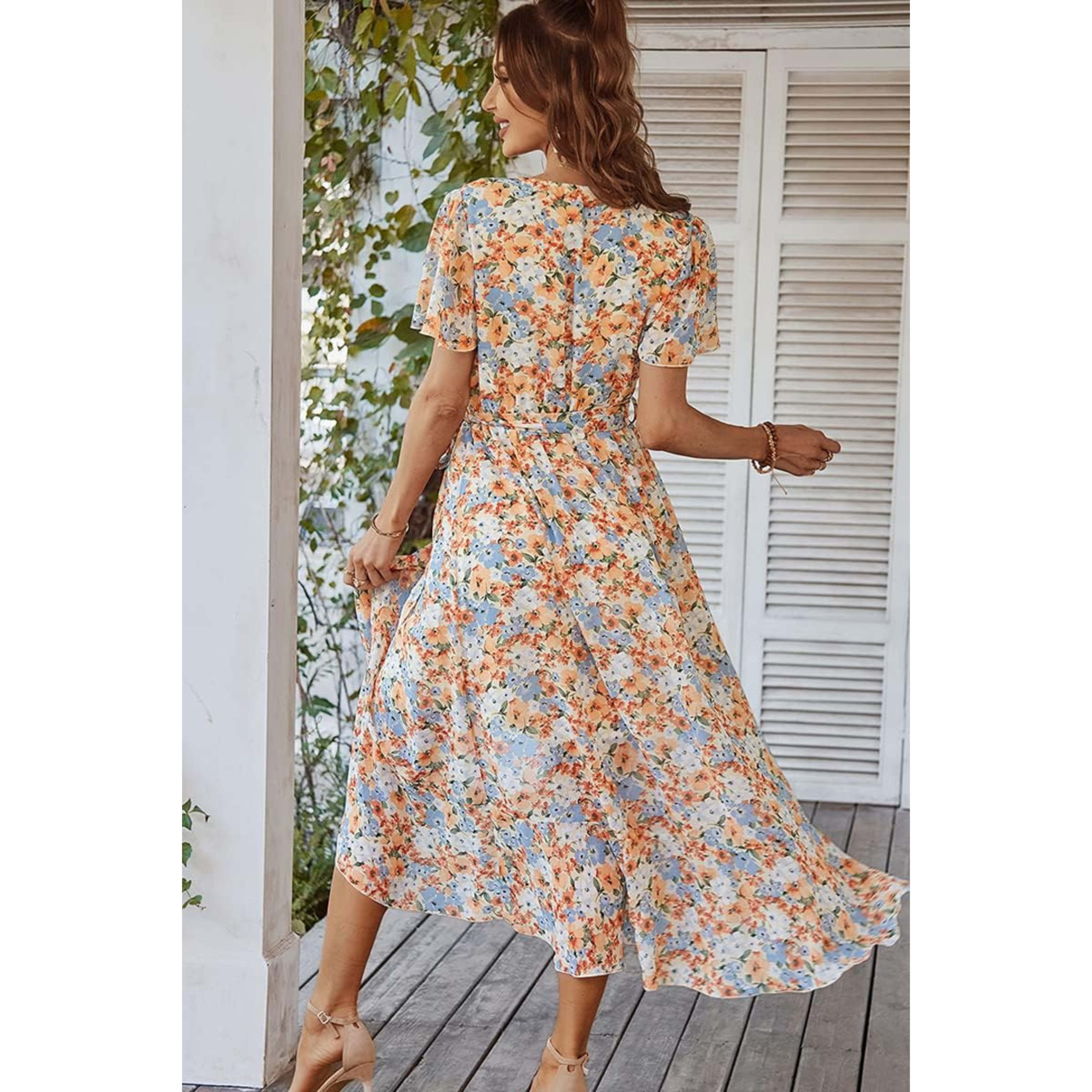 Wrap Dress with Floral Print and Ruffles for Women