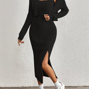 Trendy Fitted Midi Dress Set for Women with Short Vest and Slit