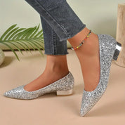 Festive Glitter Pumps with Low Block Heel and Pointed Toe for Women