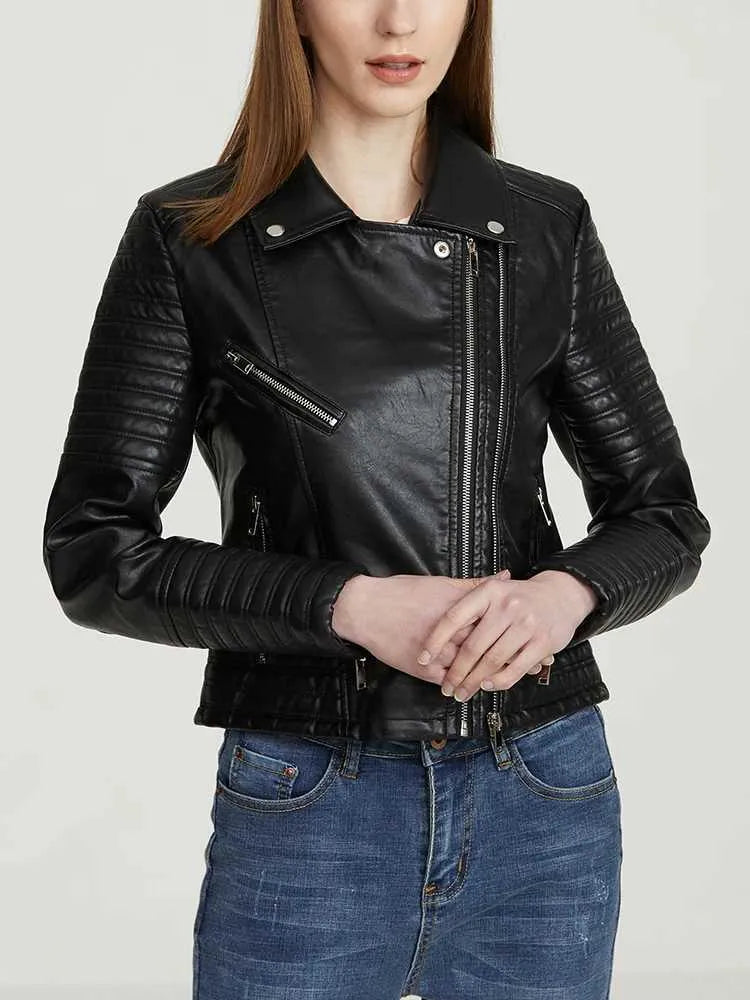 Black Leather Women's Jacket with Zip Pockets