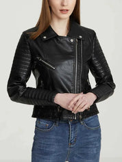 Black Leather Women's Jacket with Zip Pockets