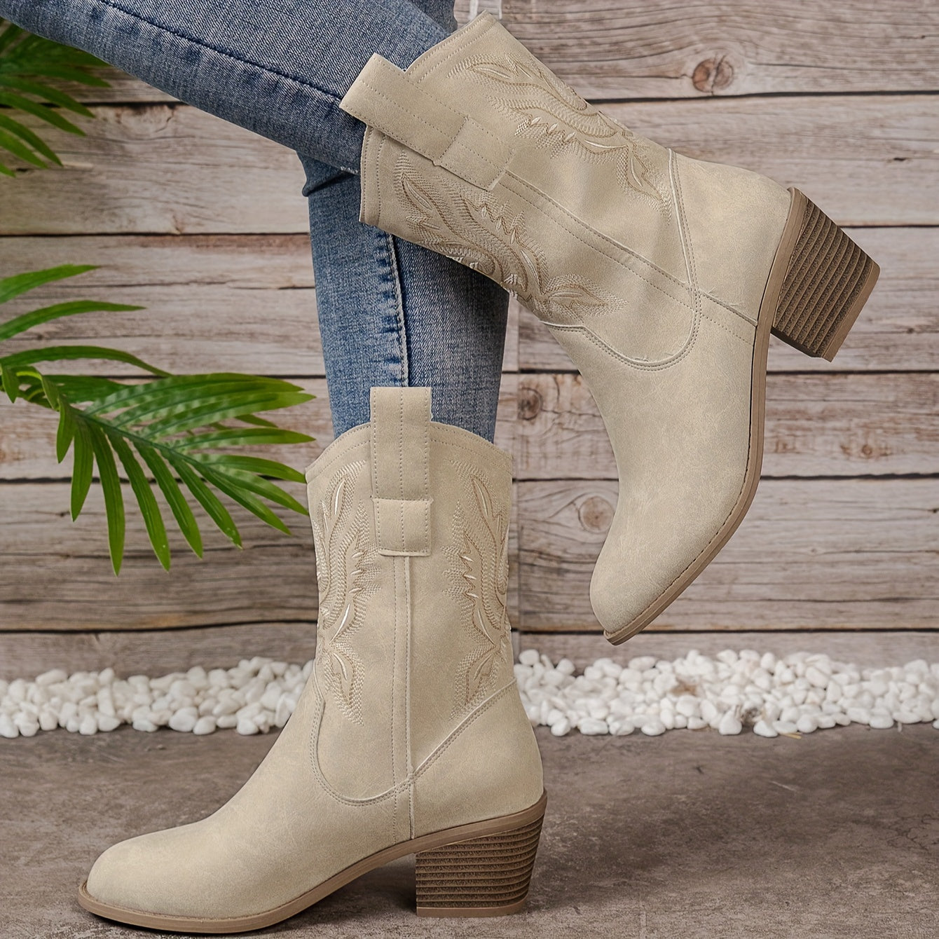 Women's Beige Western Cowboy Boots Mid-Calf With Block Heel And Side Zipper