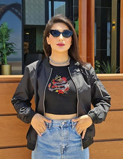 Women's Bomber Jacket with Zipper, Sleeve Pocket, and Ribbed Cuffs