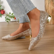 Festive Glitter Pumps with Low Block Heel and Pointed Toe for Women