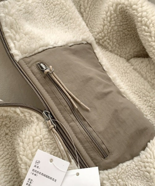 Women's Warm Teddy Coat with High Collar and Zipper Pockets