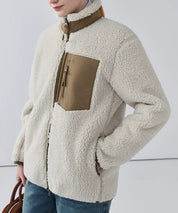 Women's Warm Teddy Coat with High Collar and Zipper Pockets