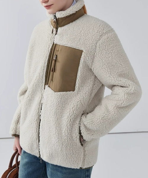 Women's Warm Teddy Coat with High Collar and Zipper Pockets