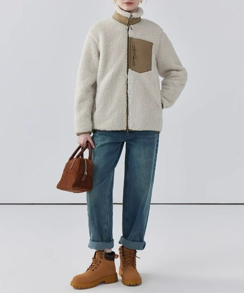 Women's Warm Teddy Coat with High Collar and Zipper Pockets