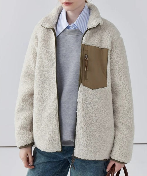 Women's Warm Teddy Coat with High Collar and Zipper Pockets