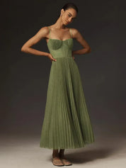 Cleo - Pleated Women's Midi Dress with Lace Details