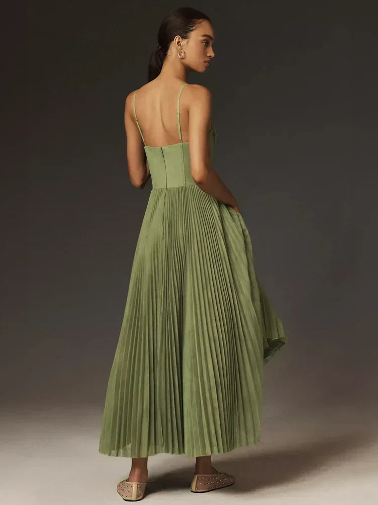Cleo - Pleated Women's Midi Dress with Lace Details