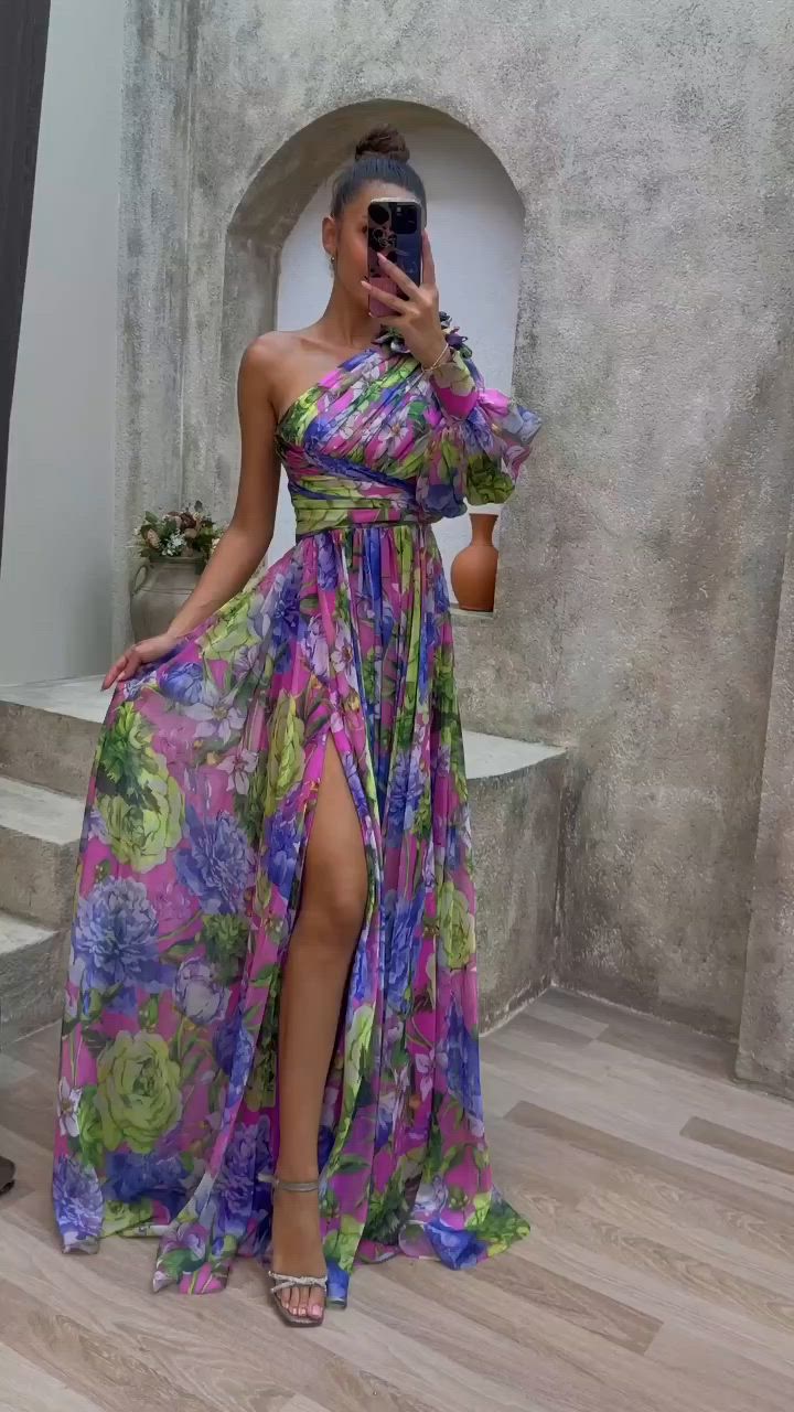 Purple Maxi Dress With One Shoulder And Floral Print