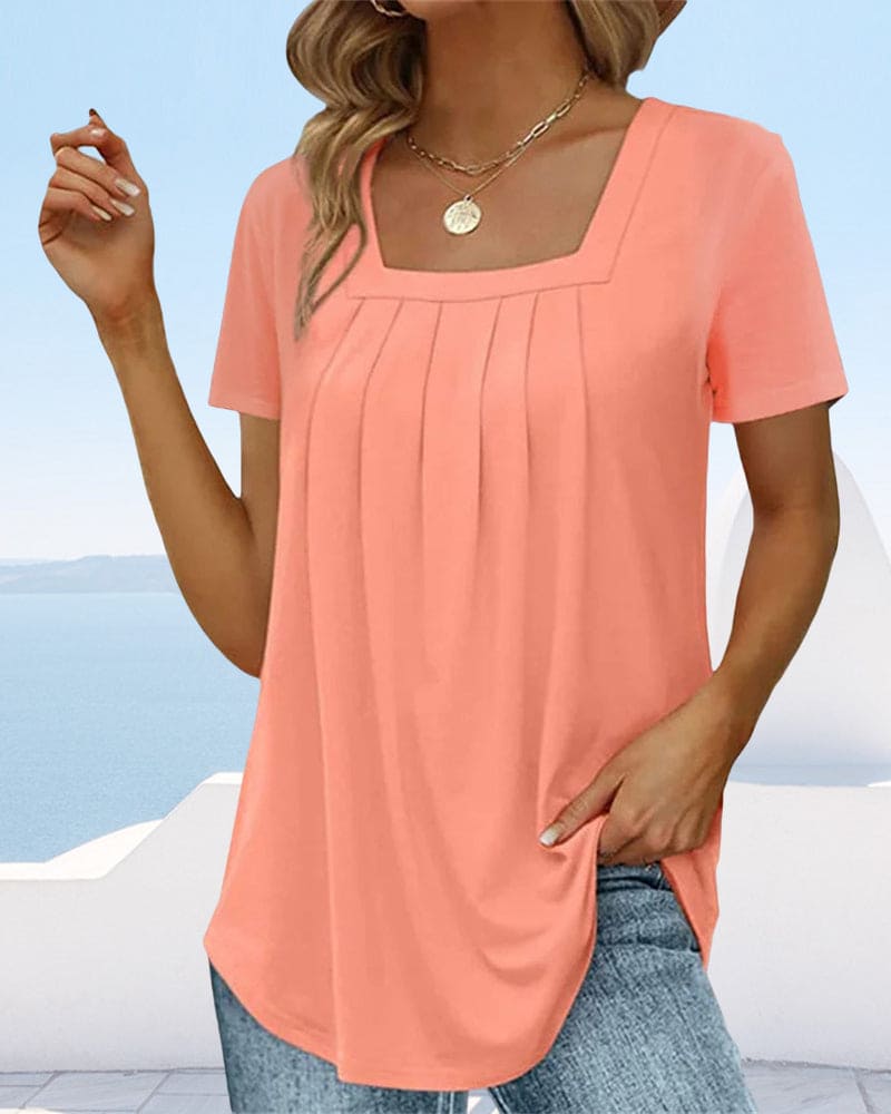Airy Tunic Top for Women with Square Neckline and Pleats