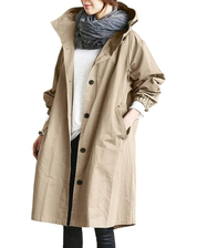 Waterproof Long Women's Trench Coat with Hood and Buttons