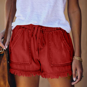 Women's Denim Shorts with Drawstring and Frayed Hem
