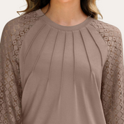 Women's Blouse with Lace Sleeves and Pleated Neckline