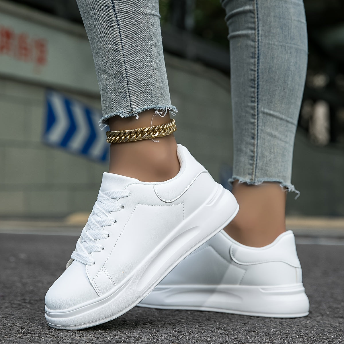 Minimalist White Sneakers With Thick Sole For Women