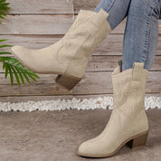 Women's Beige Western Cowboy Boots Mid-Calf With Block Heel And Side Zipper