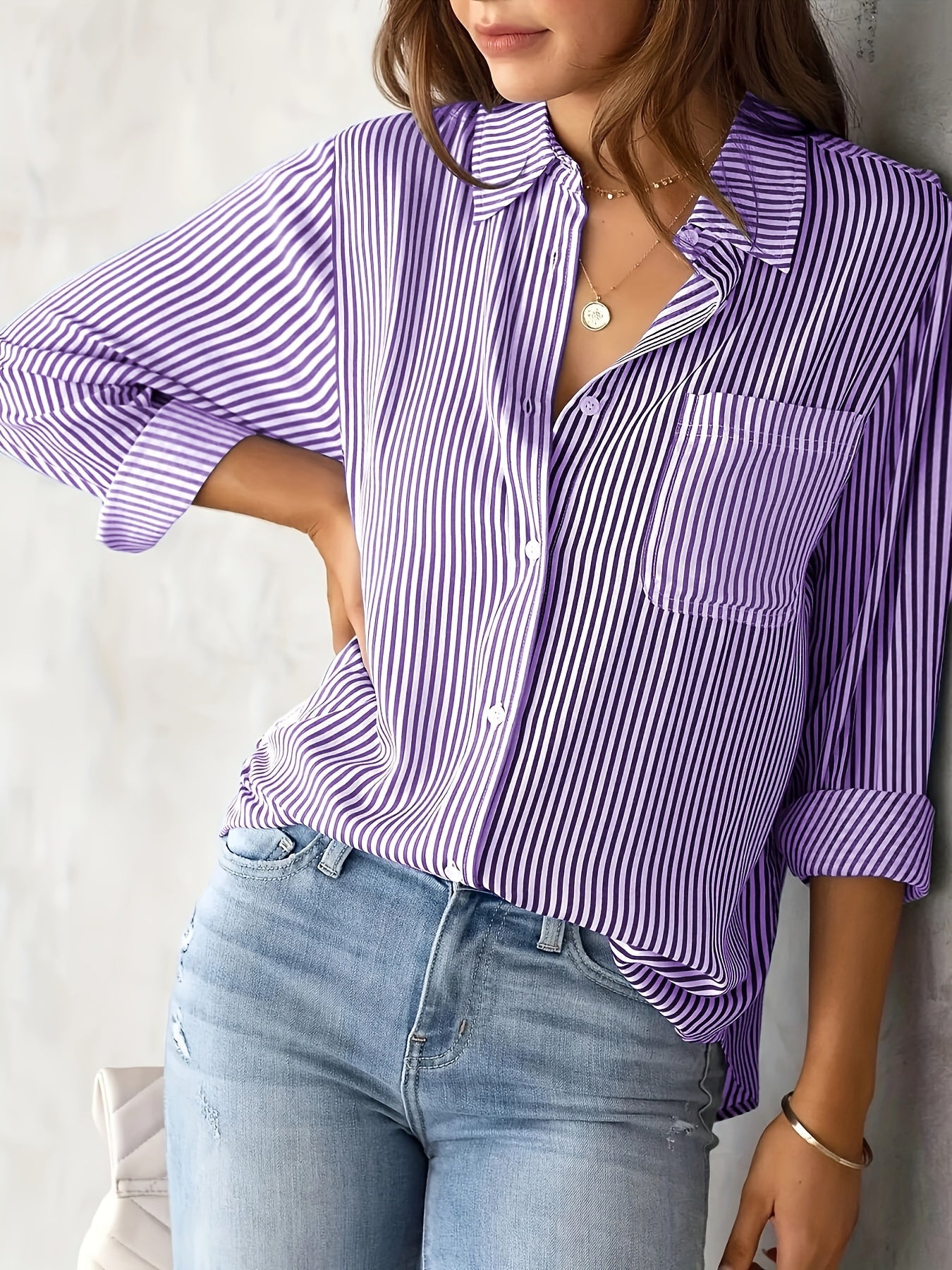 Chic Women's Striped Blouse with Collar and Button Closure