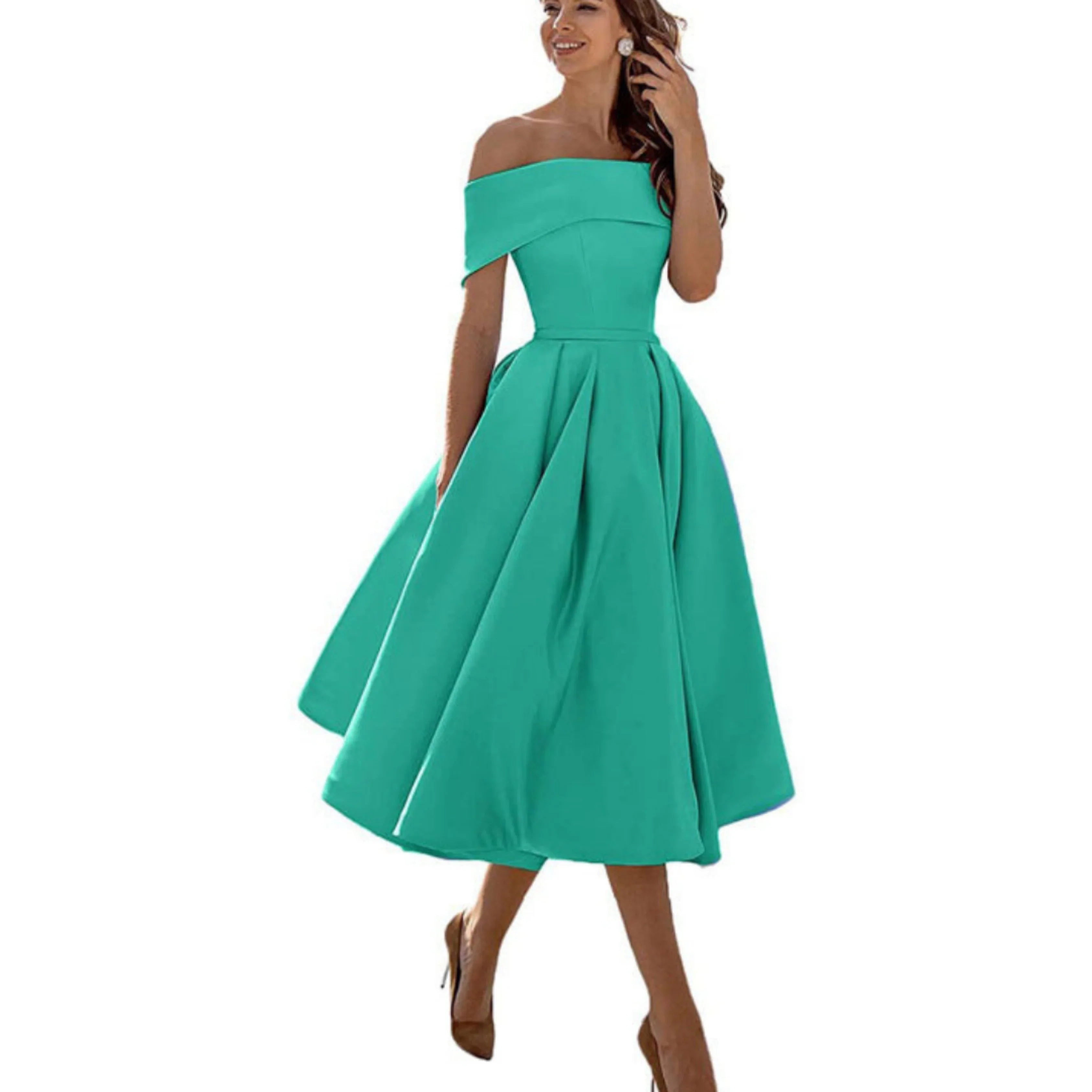 Off-Shoulder Evening Dress for Women with Midi Skirt