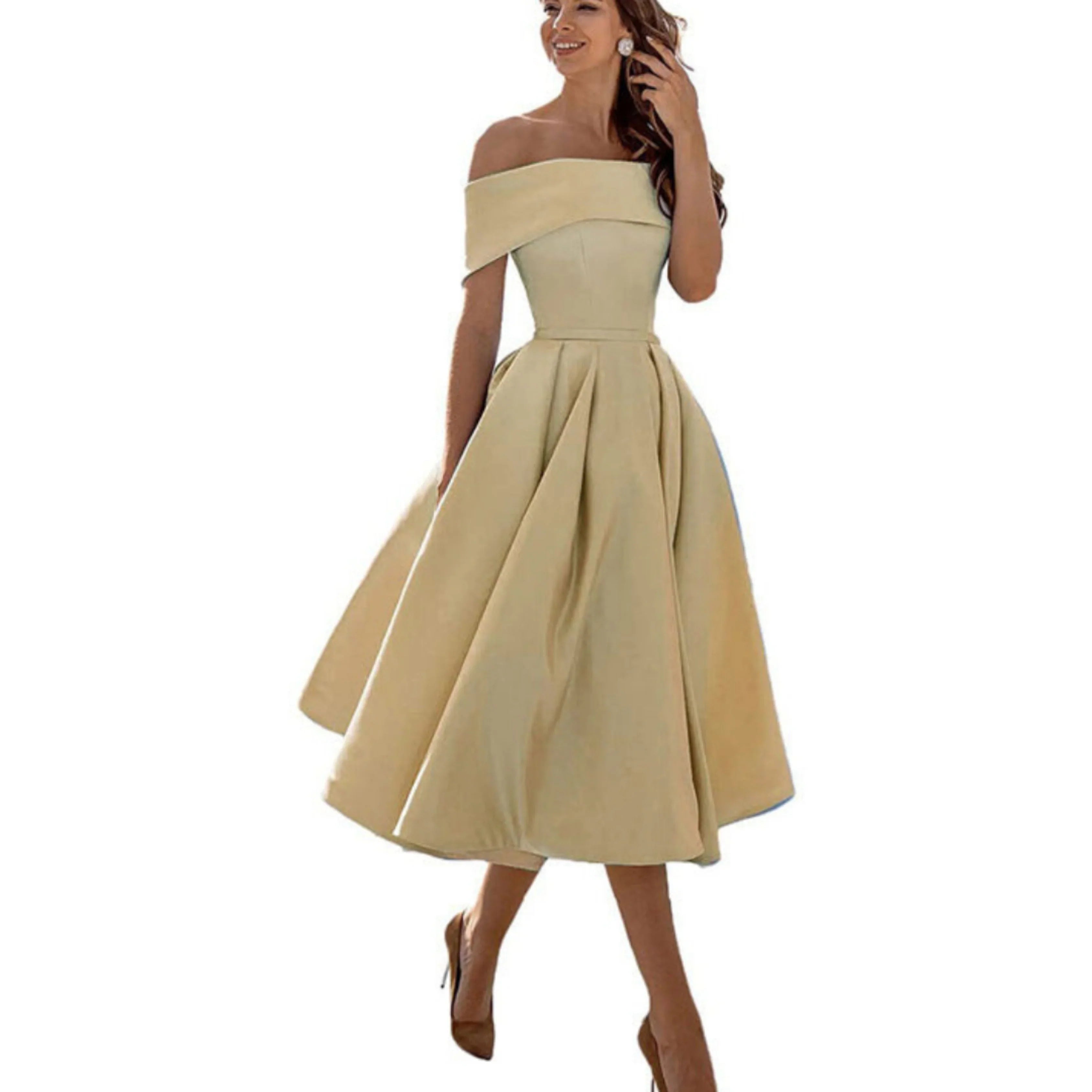 Off-Shoulder Evening Dress for Women with Midi Skirt