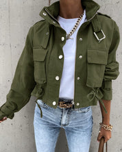 Women's Cropped Bomber Jacket with Pockets, Drawstring, and High Collar