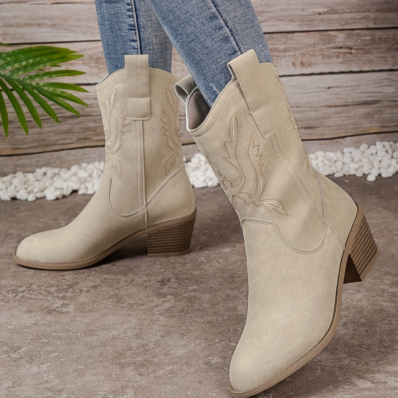 Women's Beige Western Cowboy Boots Mid-Calf With Block Heel And Side Zipper