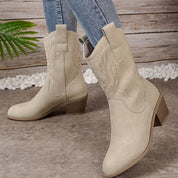 Women's Beige Western Cowboy Boots Mid-Calf With Block Heel And Side Zipper